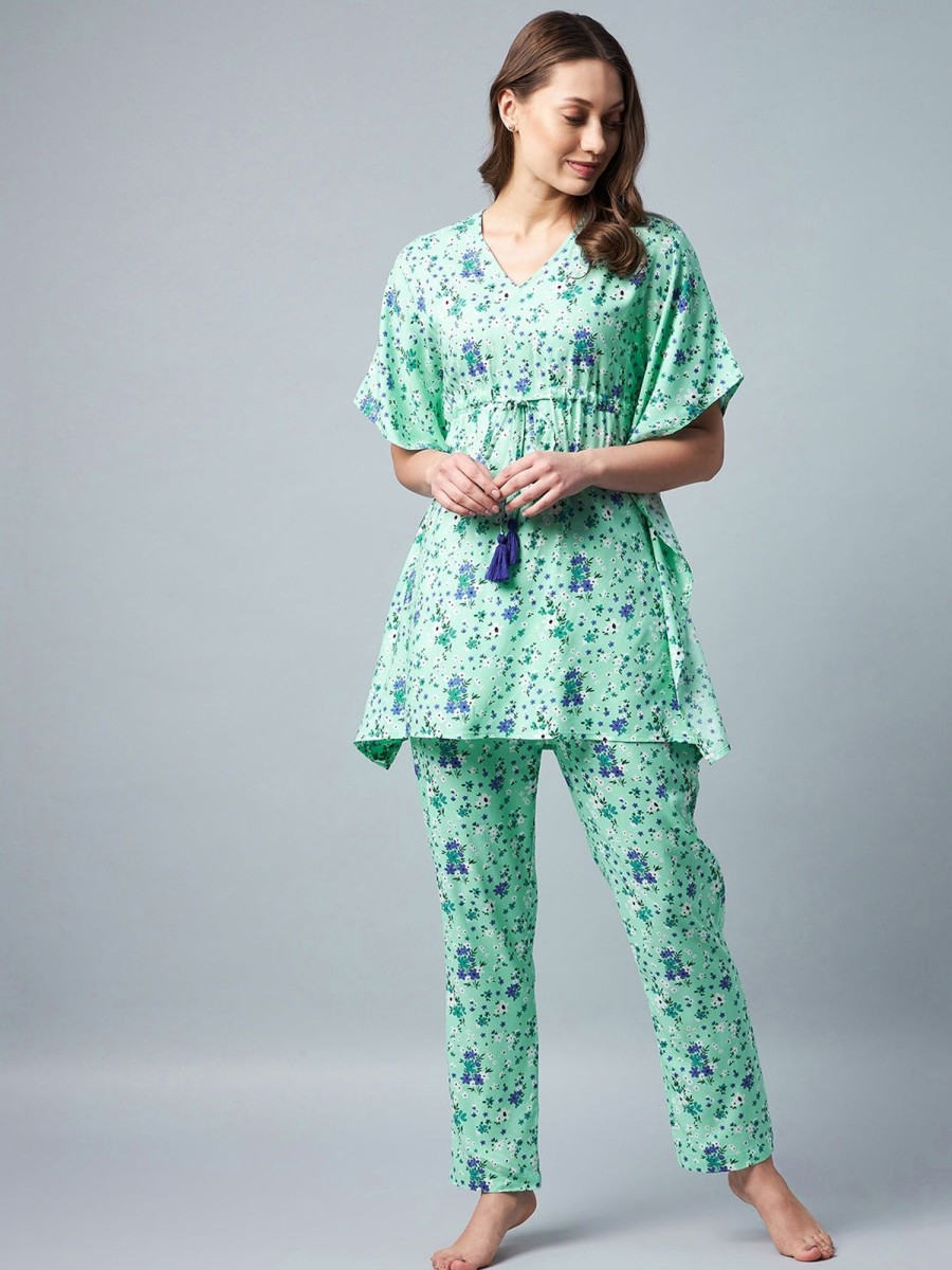 Women StyleStone | Women'S U0026 Blue Floral Printed Kaftan Style Set - Stylestone Green