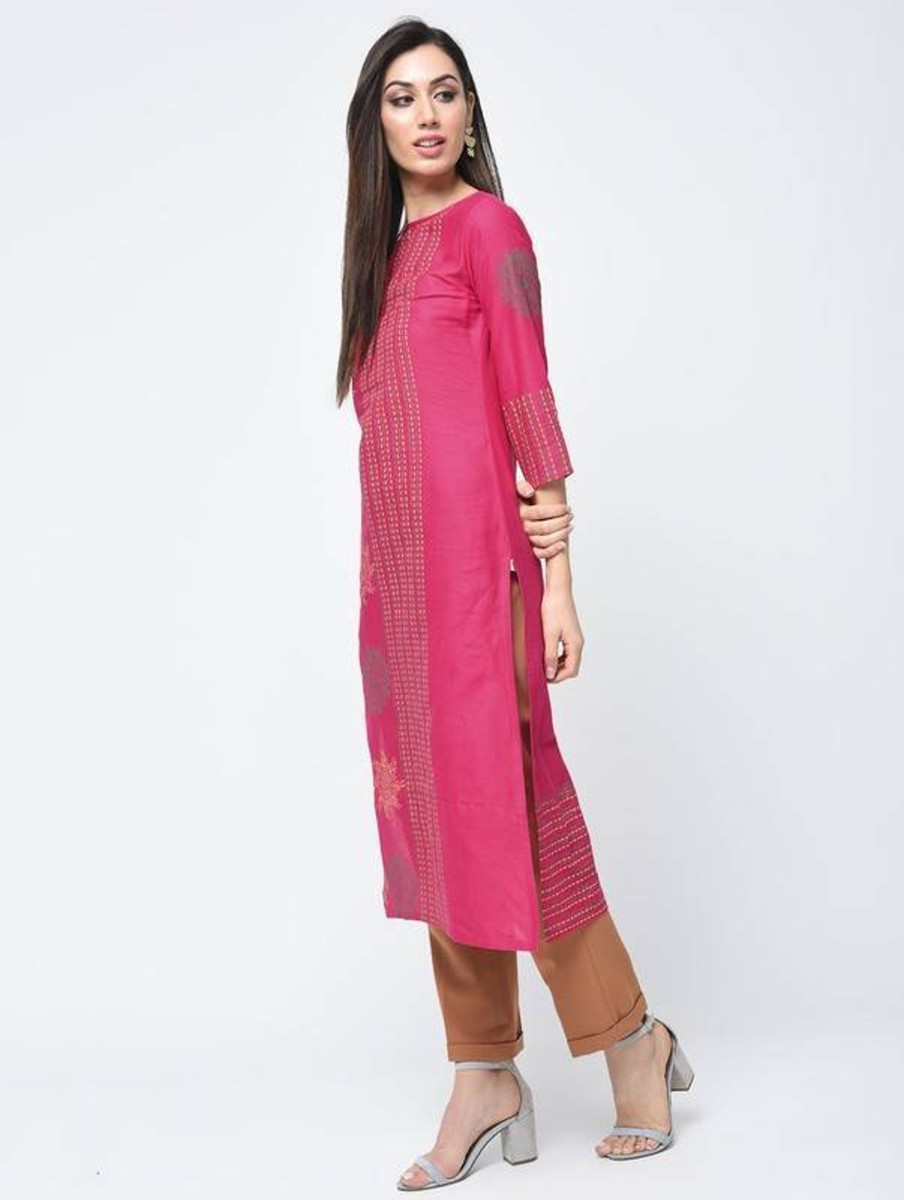 Women Aniyah | Women'S Block Printed Straight Kurta - Aniyah Magenta