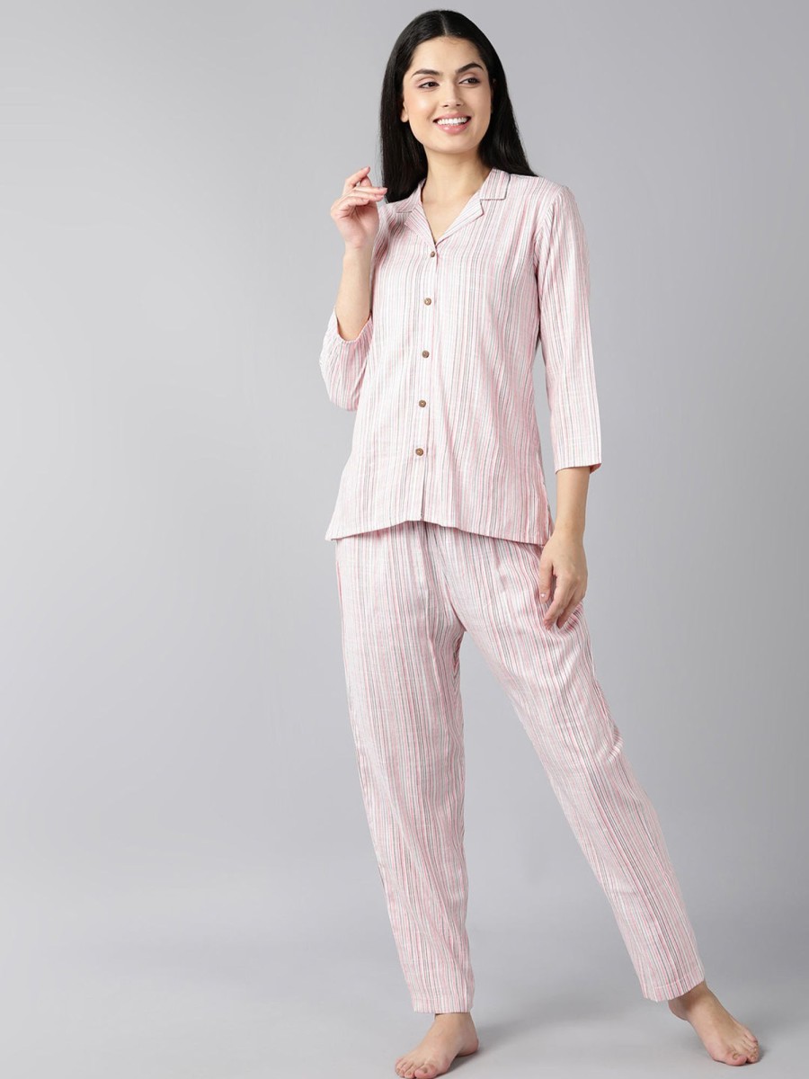 Women Ahika | Women'S Cotton Striped Printed Night Suit - Ahika Pink