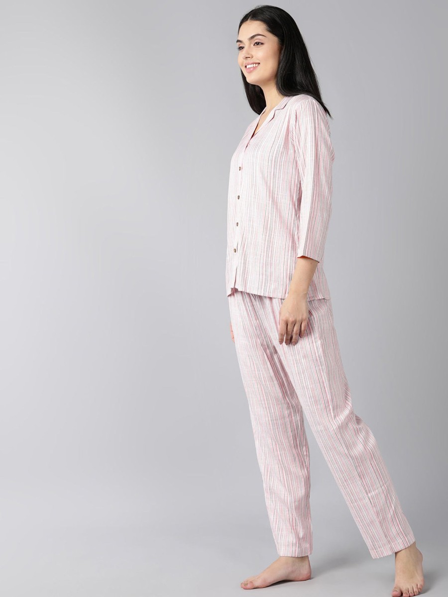 Women Ahika | Women'S Cotton Striped Printed Night Suit - Ahika Pink