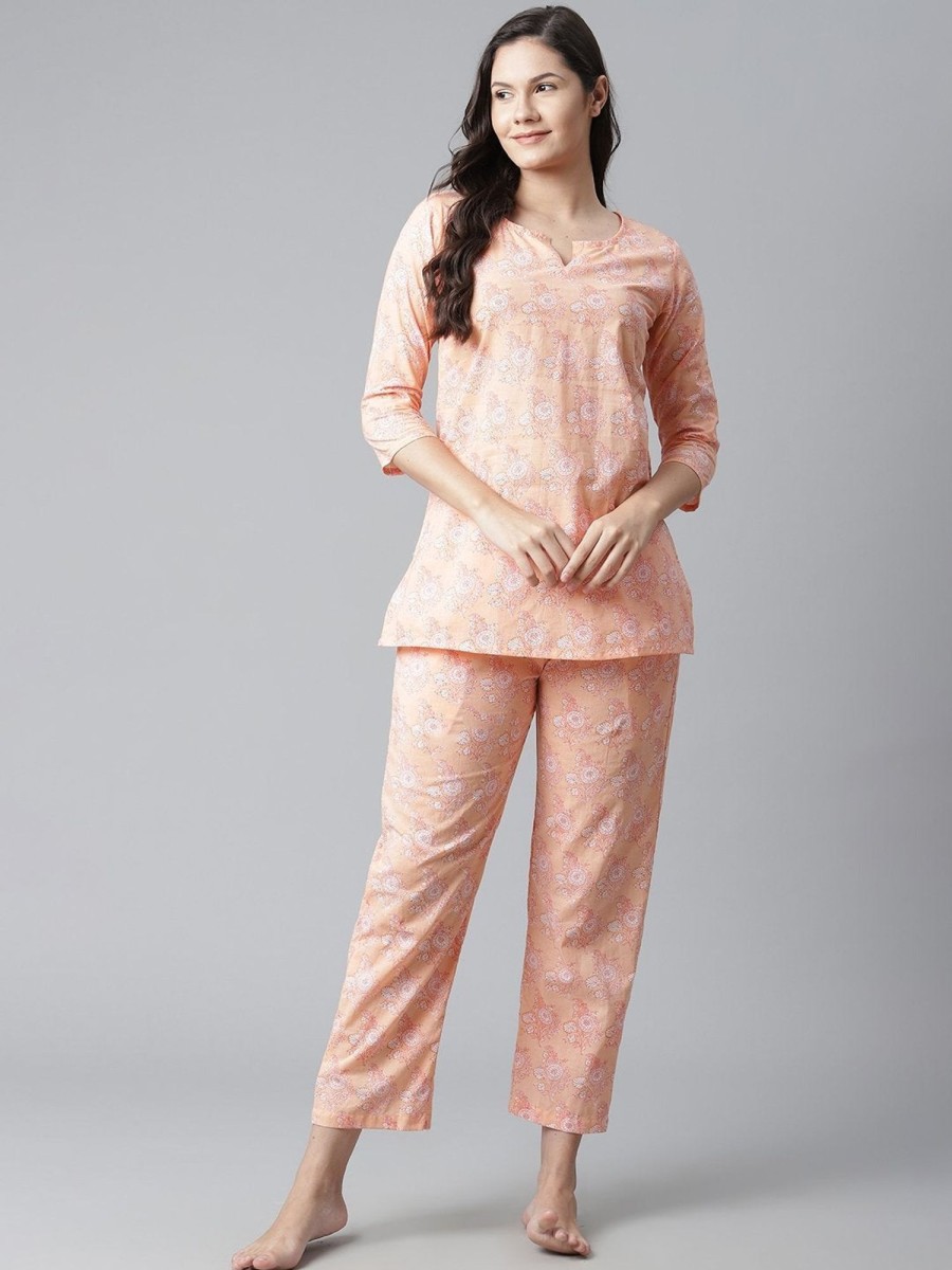 Women Wahe-NOOR | Women'S Peach Printed Cotton Nightwear - Wahenoor