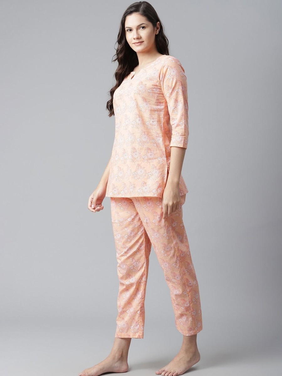 Women Wahe-NOOR | Women'S Peach Printed Cotton Nightwear - Wahenoor