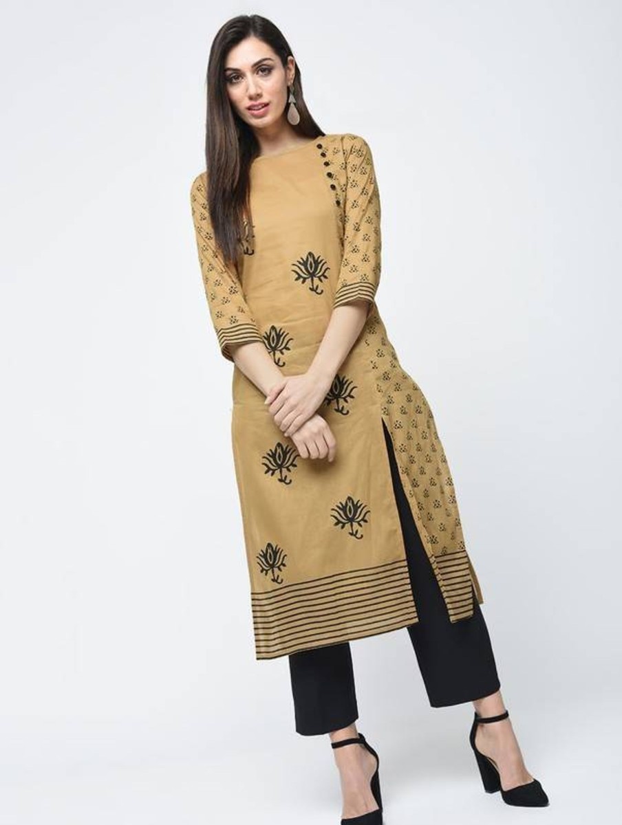 Women Aniyah | Women'S Block Printed Side Slit Kurta - Aniyah Beige