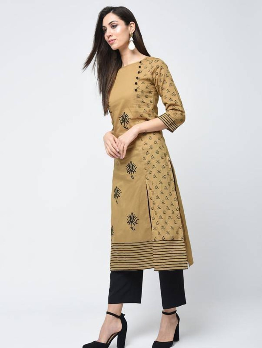 Women Aniyah | Women'S Block Printed Side Slit Kurta - Aniyah Beige