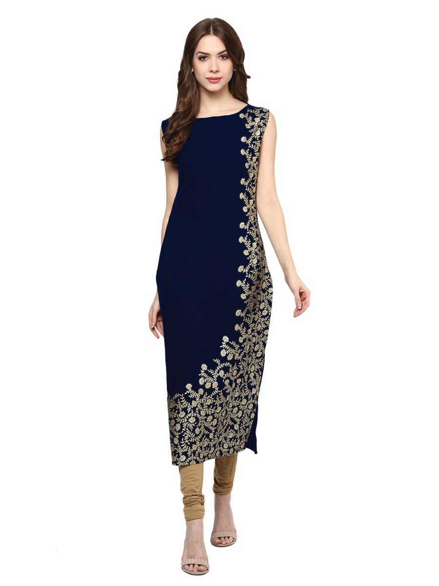 Women Ziyaa | Women'S Colour Foil Print Straight Crepe Kurta - Ziyaa Blue