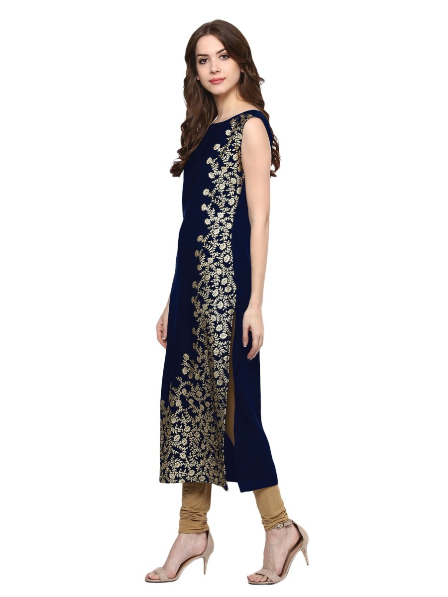 Women Ziyaa | Women'S Colour Foil Print Straight Crepe Kurta - Ziyaa Blue