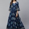 Women Divena | Women'S Blue Long Cotton Anarkali By Divena