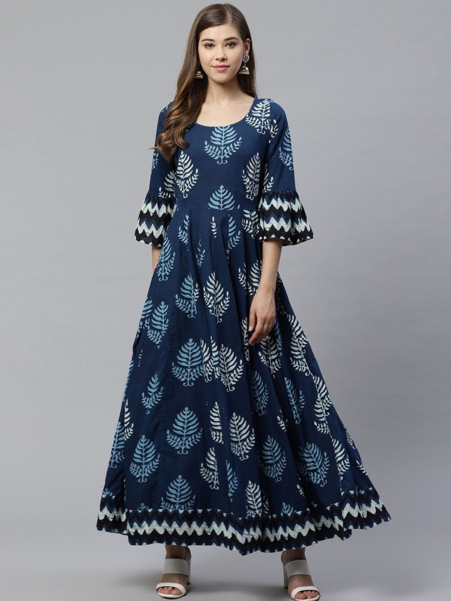 Women Divena | Women'S Blue Long Cotton Anarkali By Divena