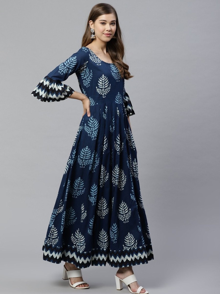 Women Divena | Women'S Blue Long Cotton Anarkali By Divena