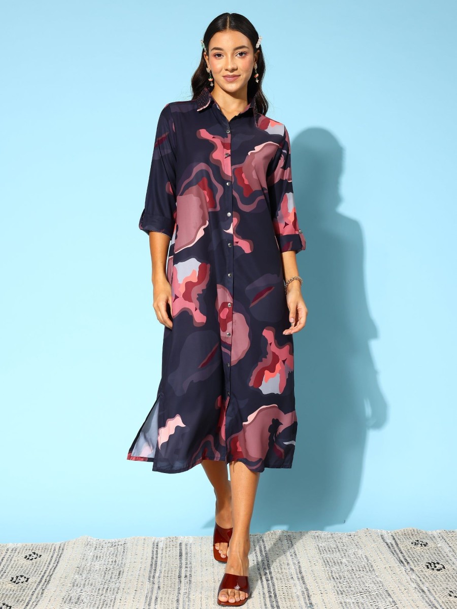 Women Indo Era | Women'S Print Shirt Midi Dress - Indo Era Black