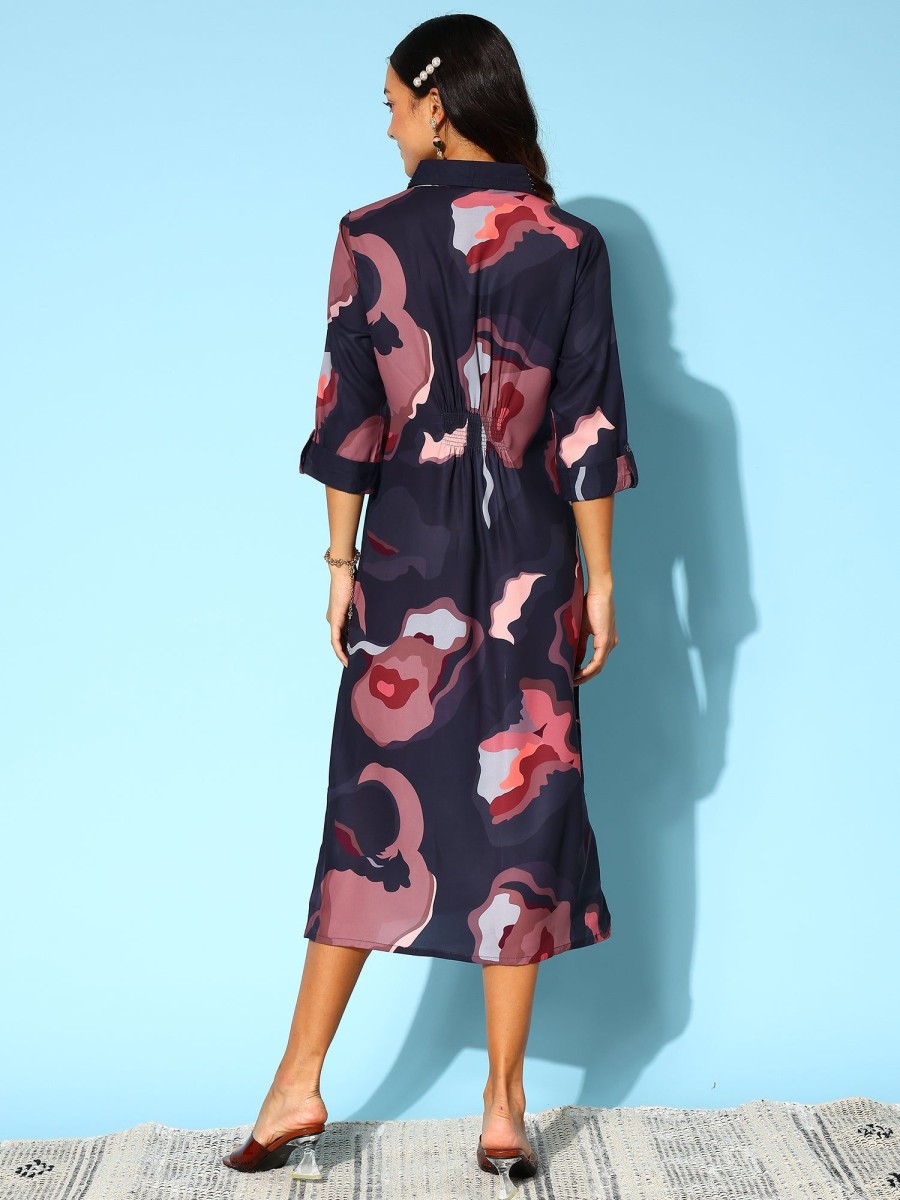 Women Indo Era | Women'S Print Shirt Midi Dress - Indo Era Black