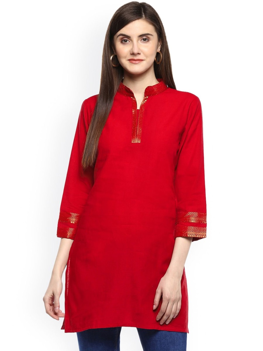 Women Wahe-NOOR | Women'S Red Handloom Mangalgiri Solid Tunic - Wahe-Noor