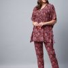 Women StyleStone | Women'S Floral Printed Kaftan Set - Stylestone Maroon