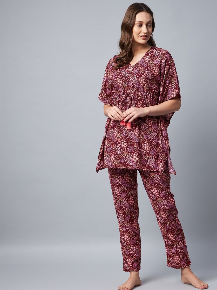 Women StyleStone | Women'S Floral Printed Kaftan Set - Stylestone Maroon