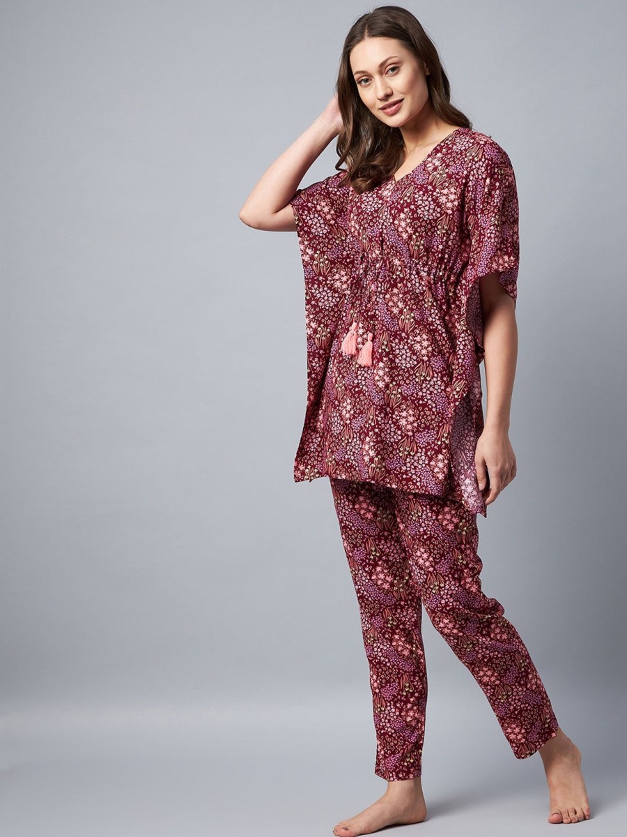 Women StyleStone | Women'S Floral Printed Kaftan Set - Stylestone Maroon