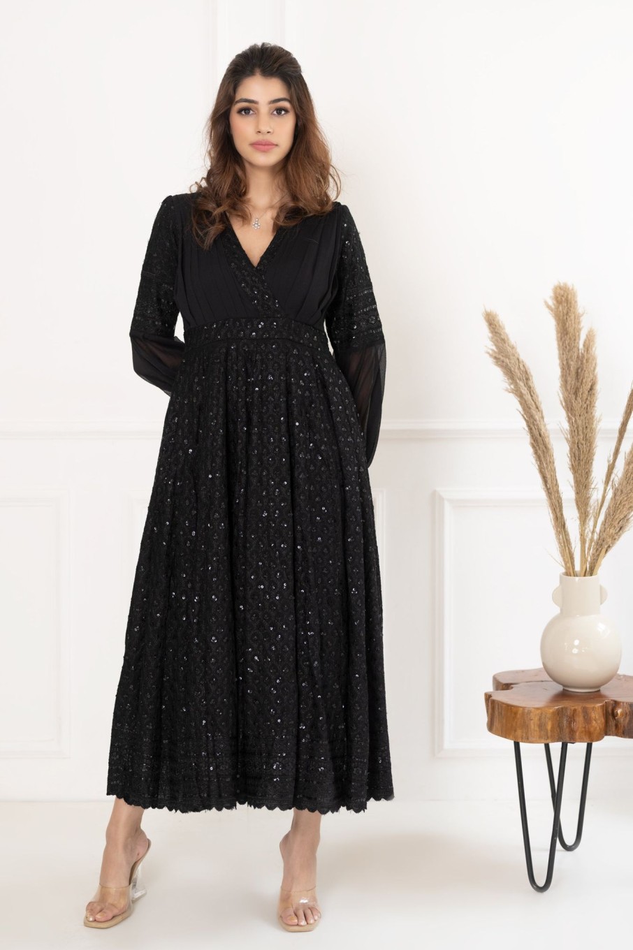 Women SARAS THE LABEL | Women'S Black Embroidered Dress - Saras The Label