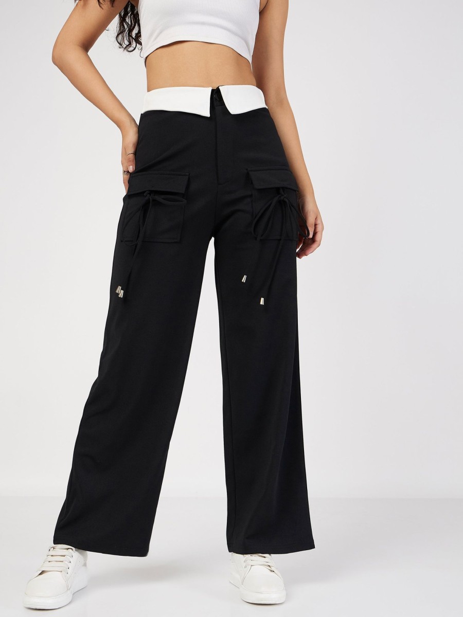 Women Lyush | Women'S Black Contrast Waistband Cargo Pants - Lyush