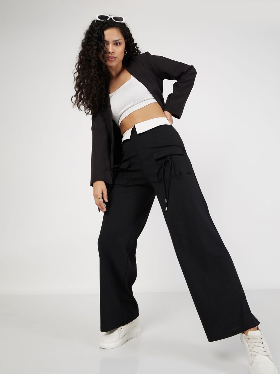 Women Lyush | Women'S Black Contrast Waistband Cargo Pants - Lyush