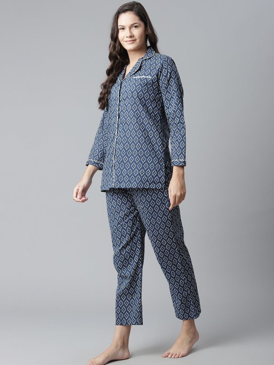 Women Divena | Women'S Indigo Printed Cotton Nightsuit - Divena