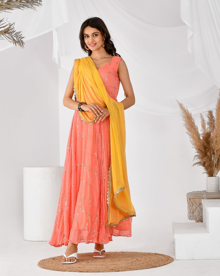 Women RANGPUR | Women'S Check Anarkali Set-Rangpur Peach