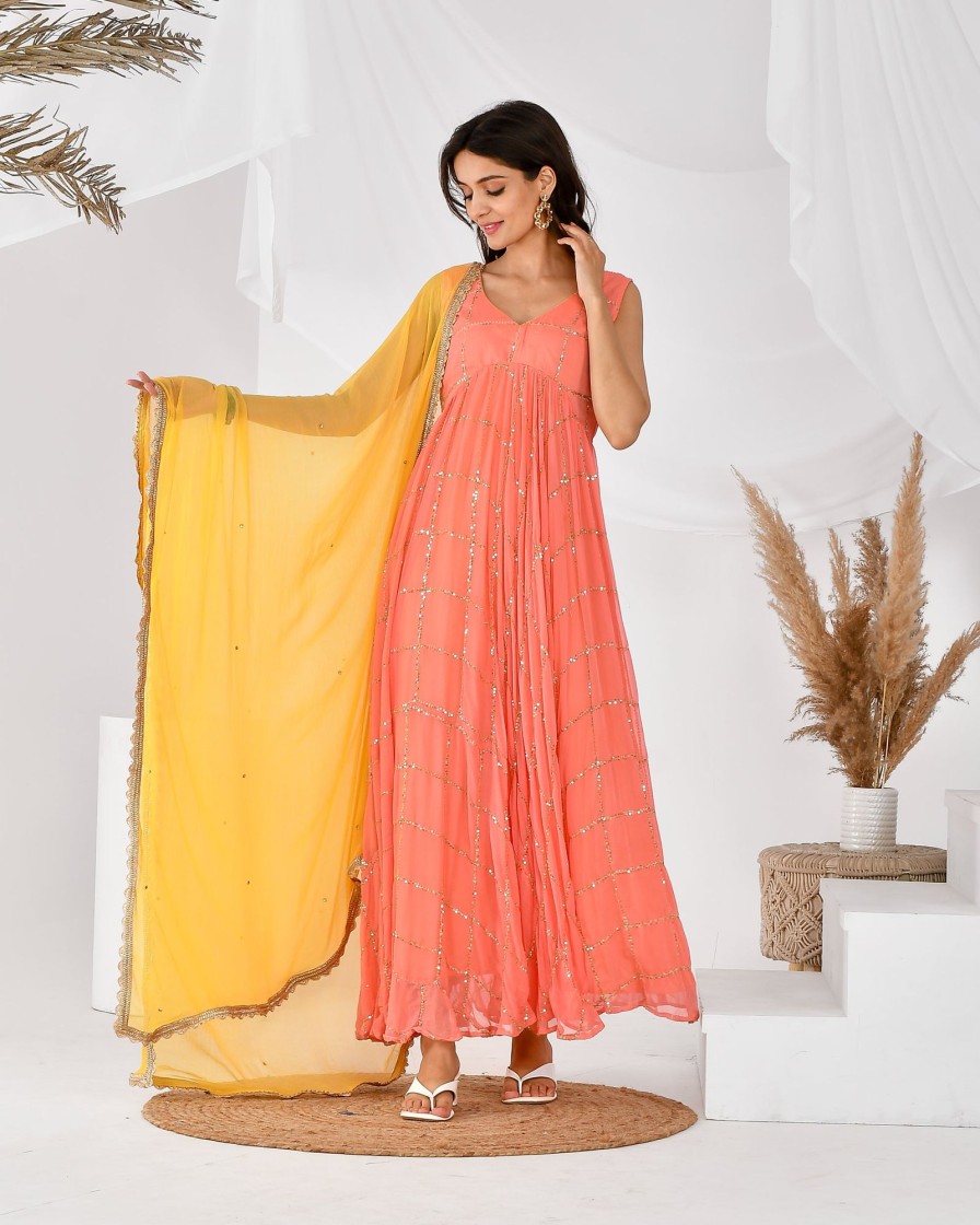 Women RANGPUR | Women'S Check Anarkali Set-Rangpur Peach