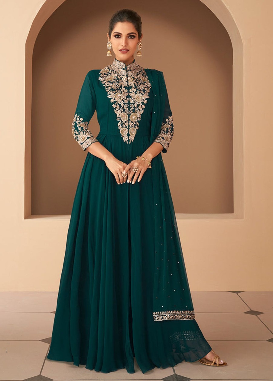 Women Monjolika | Women'S Dark Georgette Semi Stitched Embroidered Designer Suit - Monjolika Green