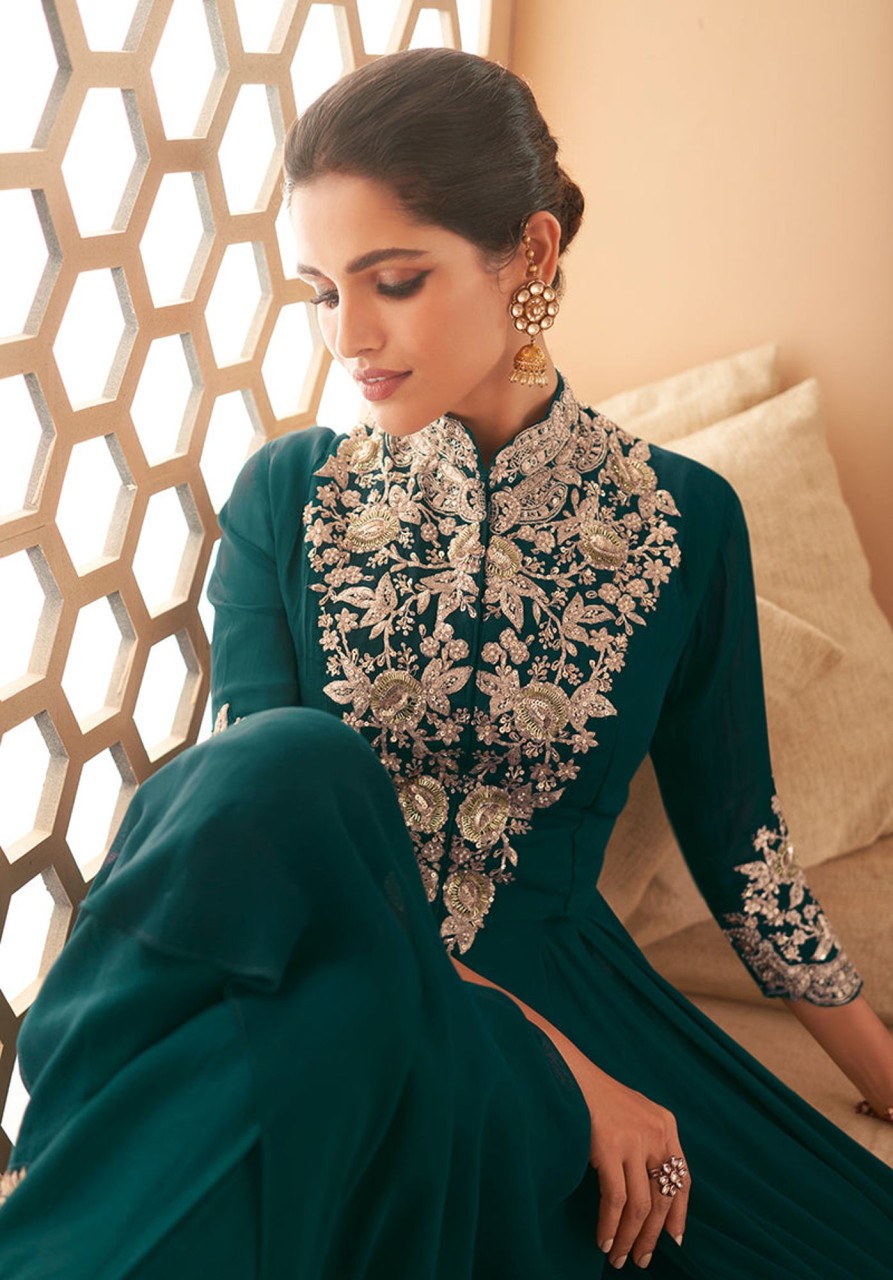 Women Monjolika | Women'S Dark Georgette Semi Stitched Embroidered Designer Suit - Monjolika Green