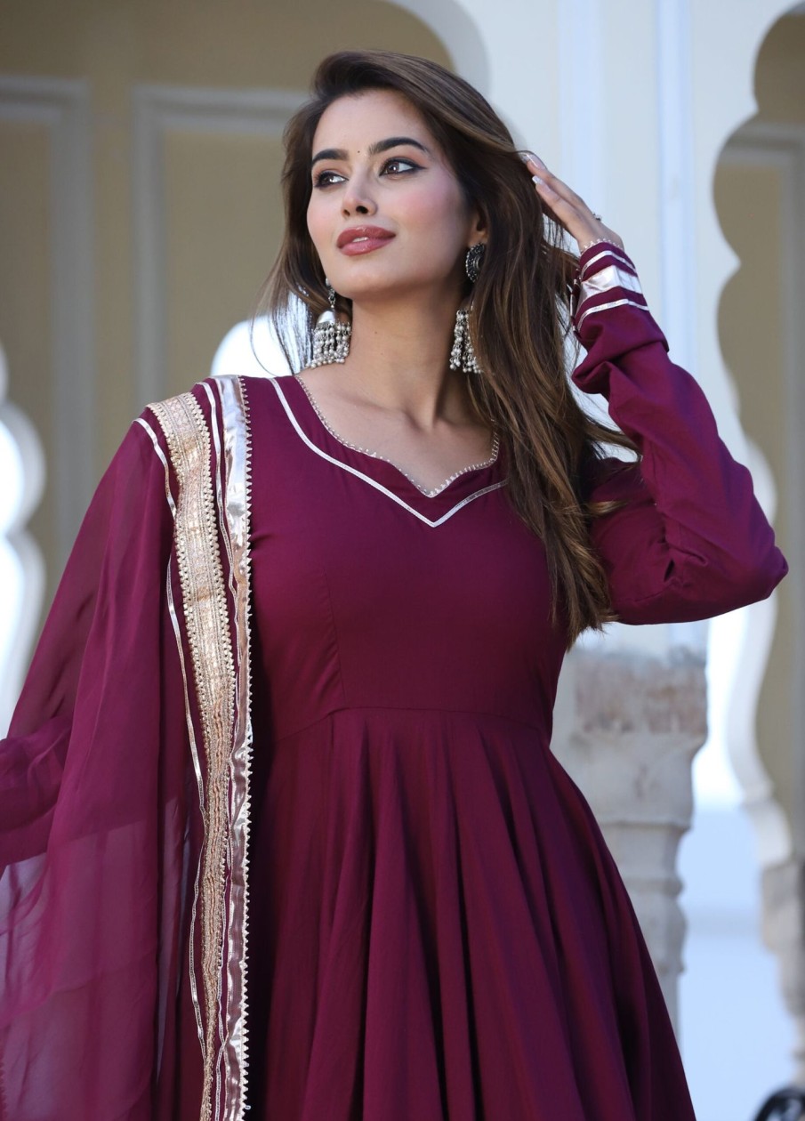 Women Lado Jaipuri | Women'S Burgundy Cotton Anarkali Set - Lado Jaipuri Wine