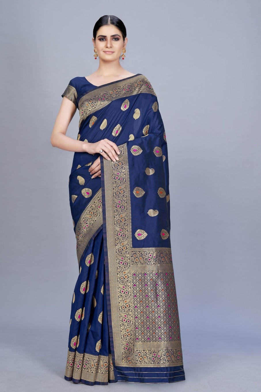 Women Monjolika | Women'S Navy Blue Color Banarasi Silk Woven Saree - Monjolika