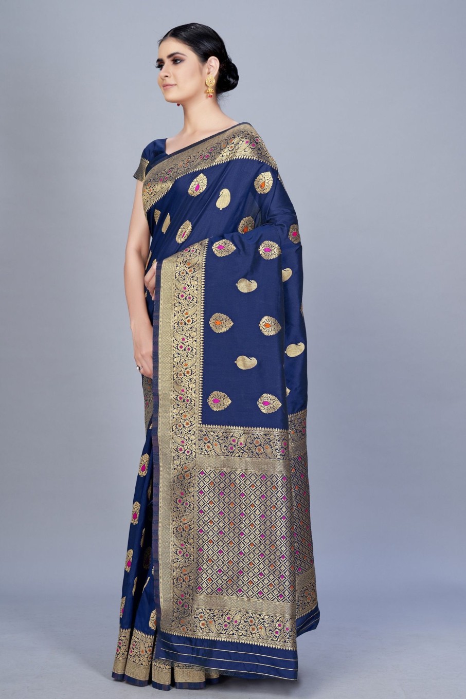 Women Monjolika | Women'S Navy Blue Color Banarasi Silk Woven Saree - Monjolika