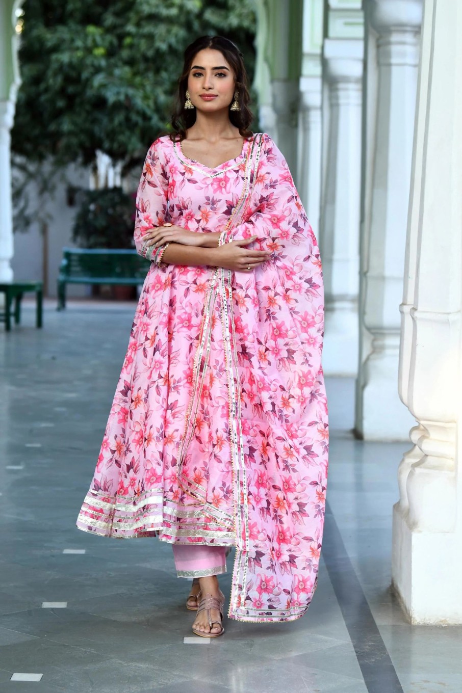 Women SARAS THE LABEL | Women'S Pink Floral Anarkali Suit Set - Saras The Label -3Pc Set