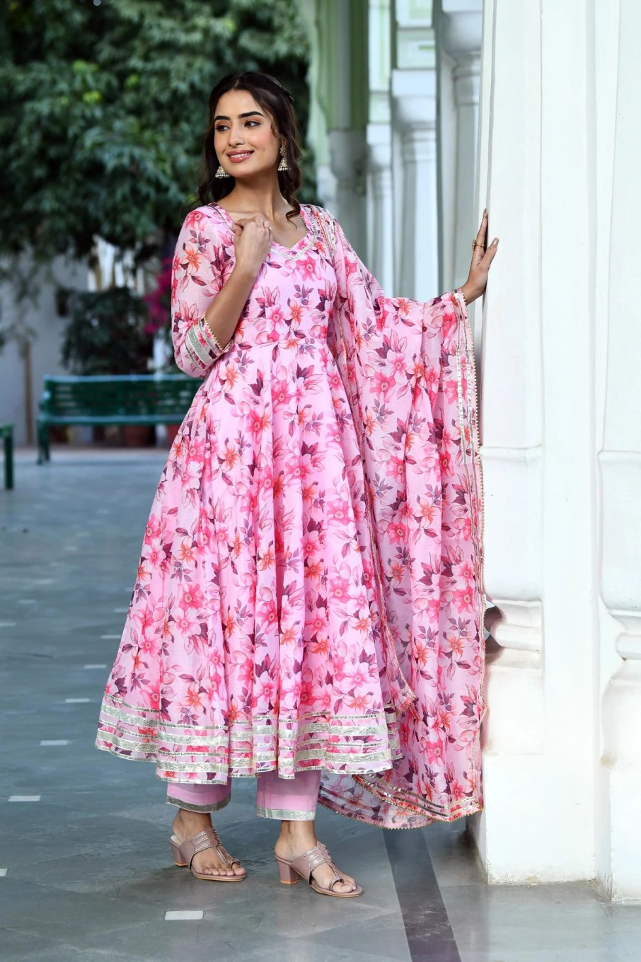 Women SARAS THE LABEL | Women'S Pink Floral Anarkali Suit Set - Saras The Label -3Pc Set