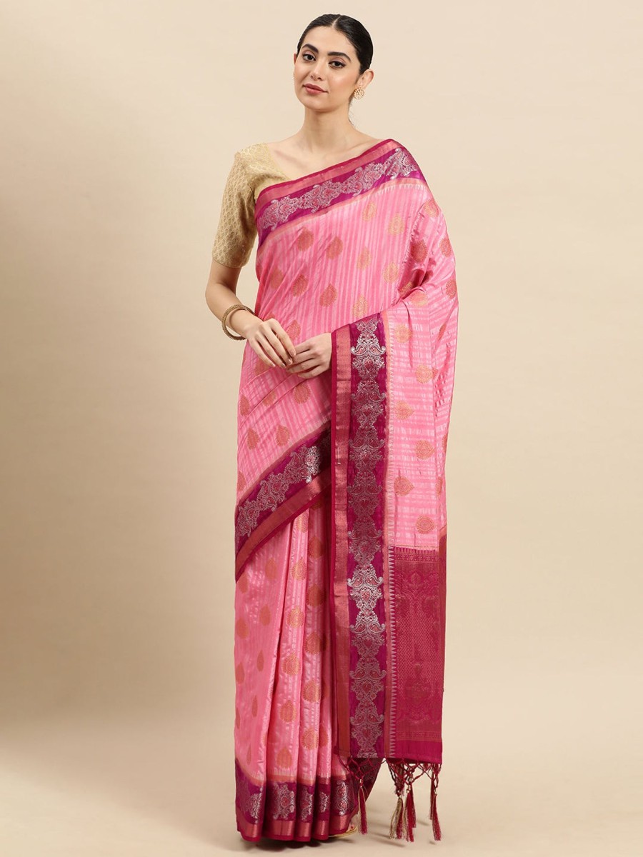 Women Sangam Prints | Women'S Silk Silver Zari Work Traditional Tassle Saree - Sangam Prints Pink