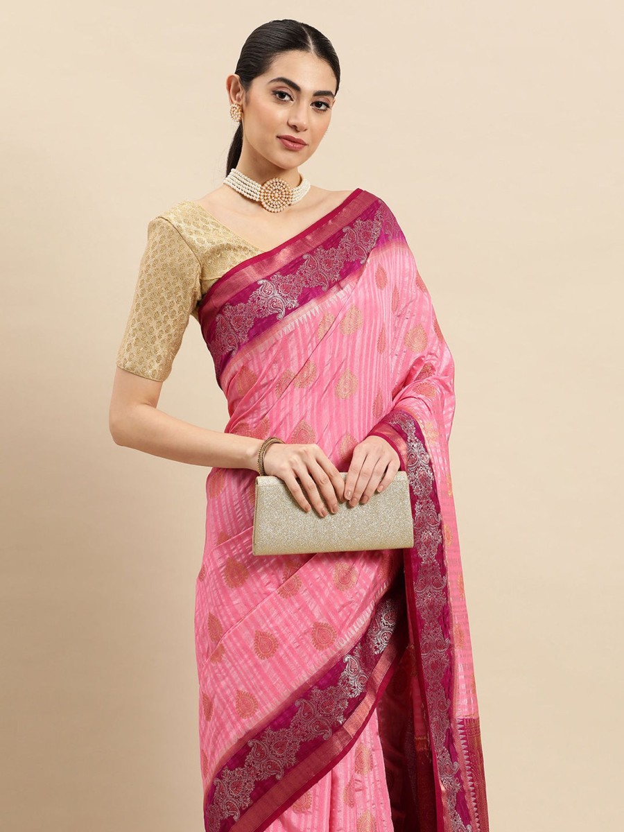 Women Sangam Prints | Women'S Silk Silver Zari Work Traditional Tassle Saree - Sangam Prints Pink