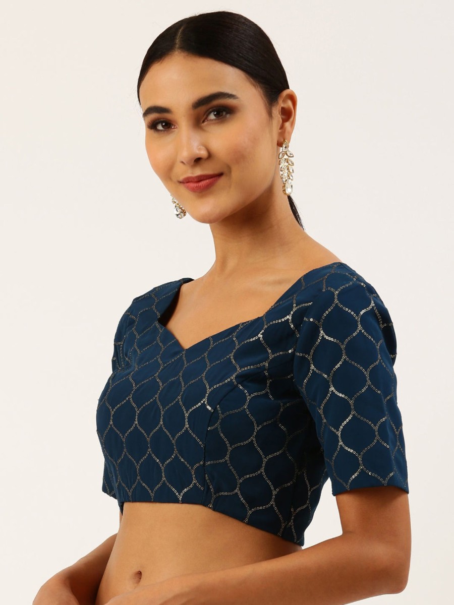 Women Royal Dwells | Women'S Navy Blue Toned Sequincee Work Pure Georgette Readymade Blouse - Royal Dwells