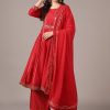 Women Ahika | Women'S Silk Blend Solid Yoke Design Zari Anarkali Kurta Palazzo With Dupatta -Ahika Red