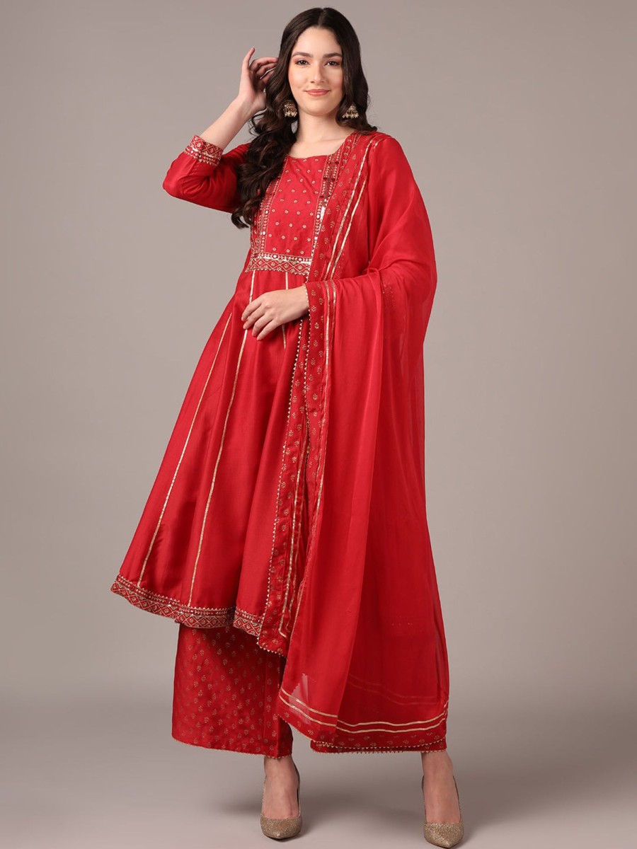 Women Ahika | Women'S Silk Blend Solid Yoke Design Zari Anarkali Kurta Palazzo With Dupatta -Ahika Red