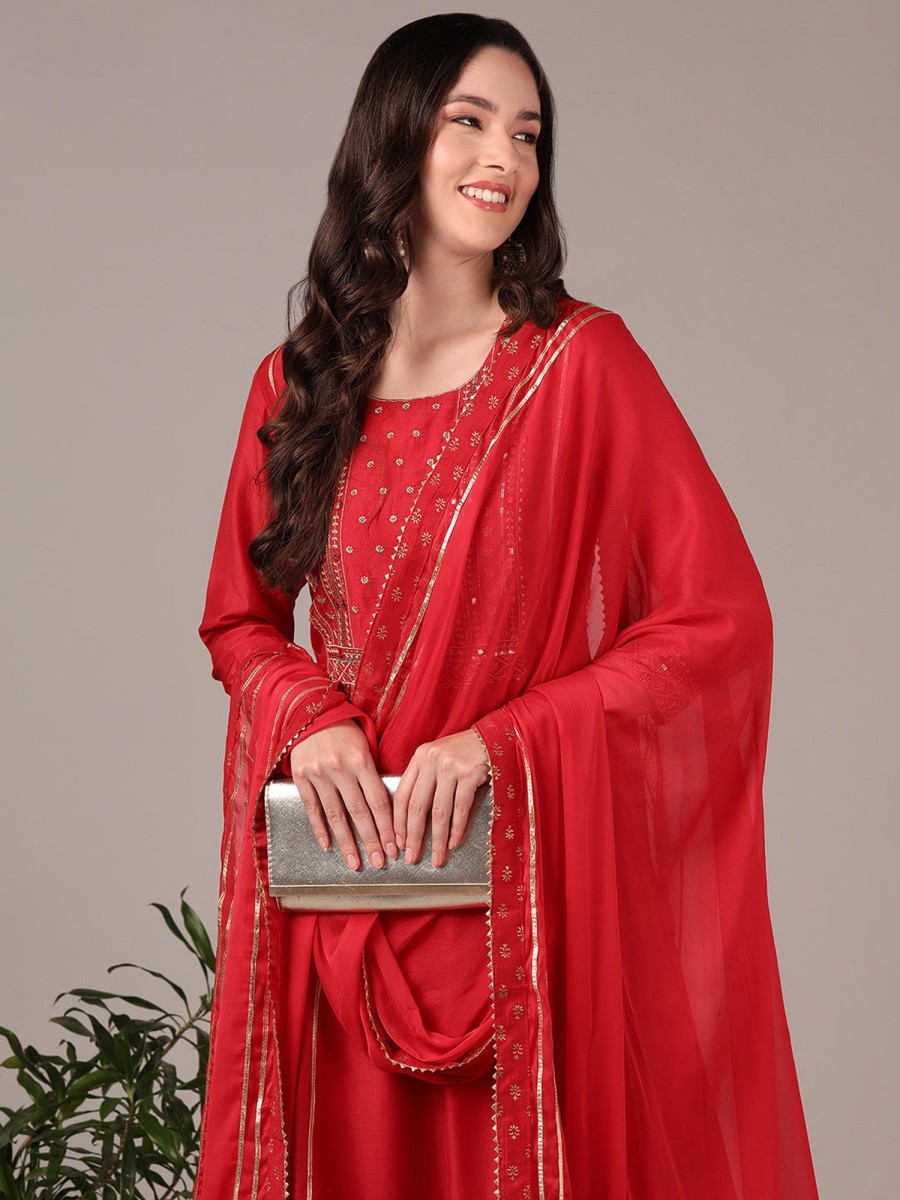 Women Ahika | Women'S Silk Blend Solid Yoke Design Zari Anarkali Kurta Palazzo With Dupatta -Ahika Red