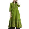 Women NOZ2TOZ | Women'S Minimal Olive Green Cotton Anarkali With Ajrakh Hand Block Golden Foil Print - Noz2Toz