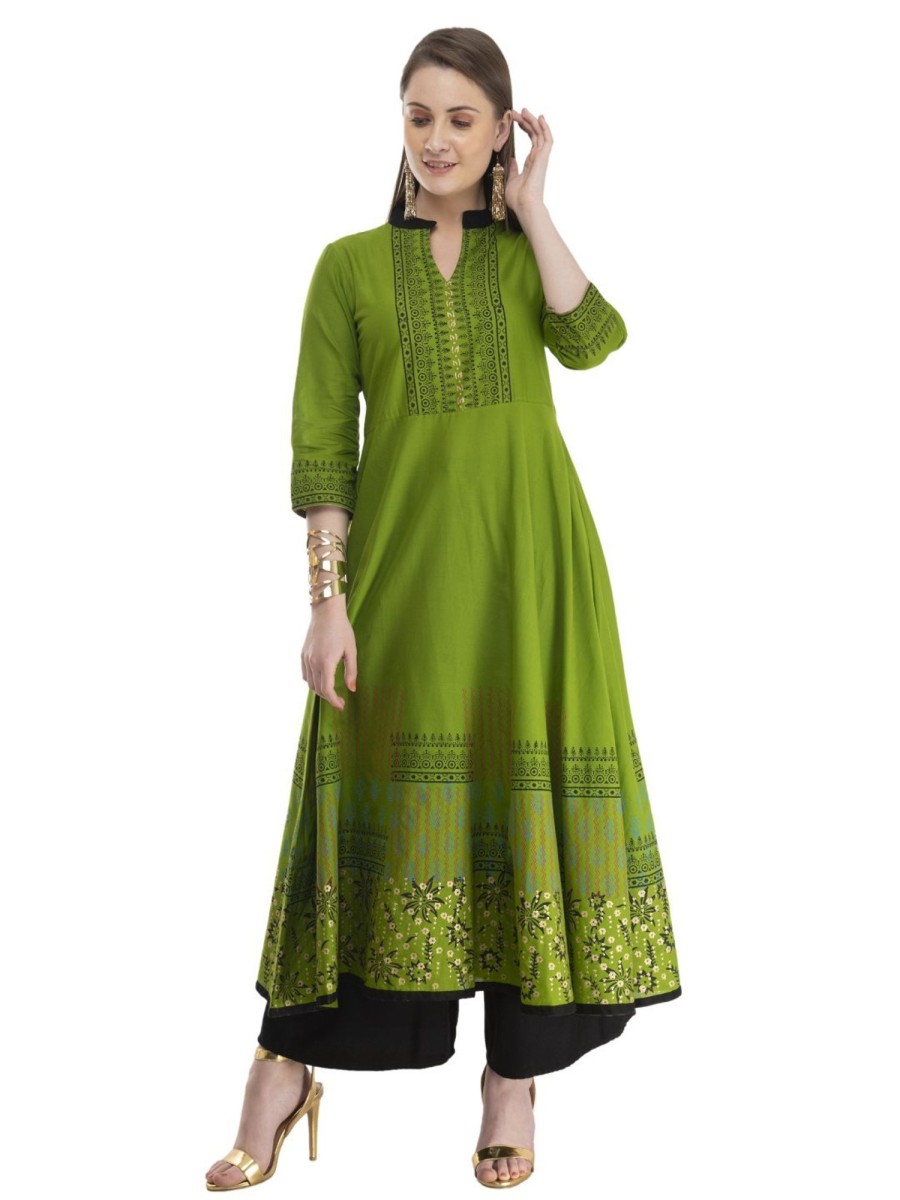 Women NOZ2TOZ | Women'S Minimal Olive Green Cotton Anarkali With Ajrakh Hand Block Golden Foil Print - Noz2Toz