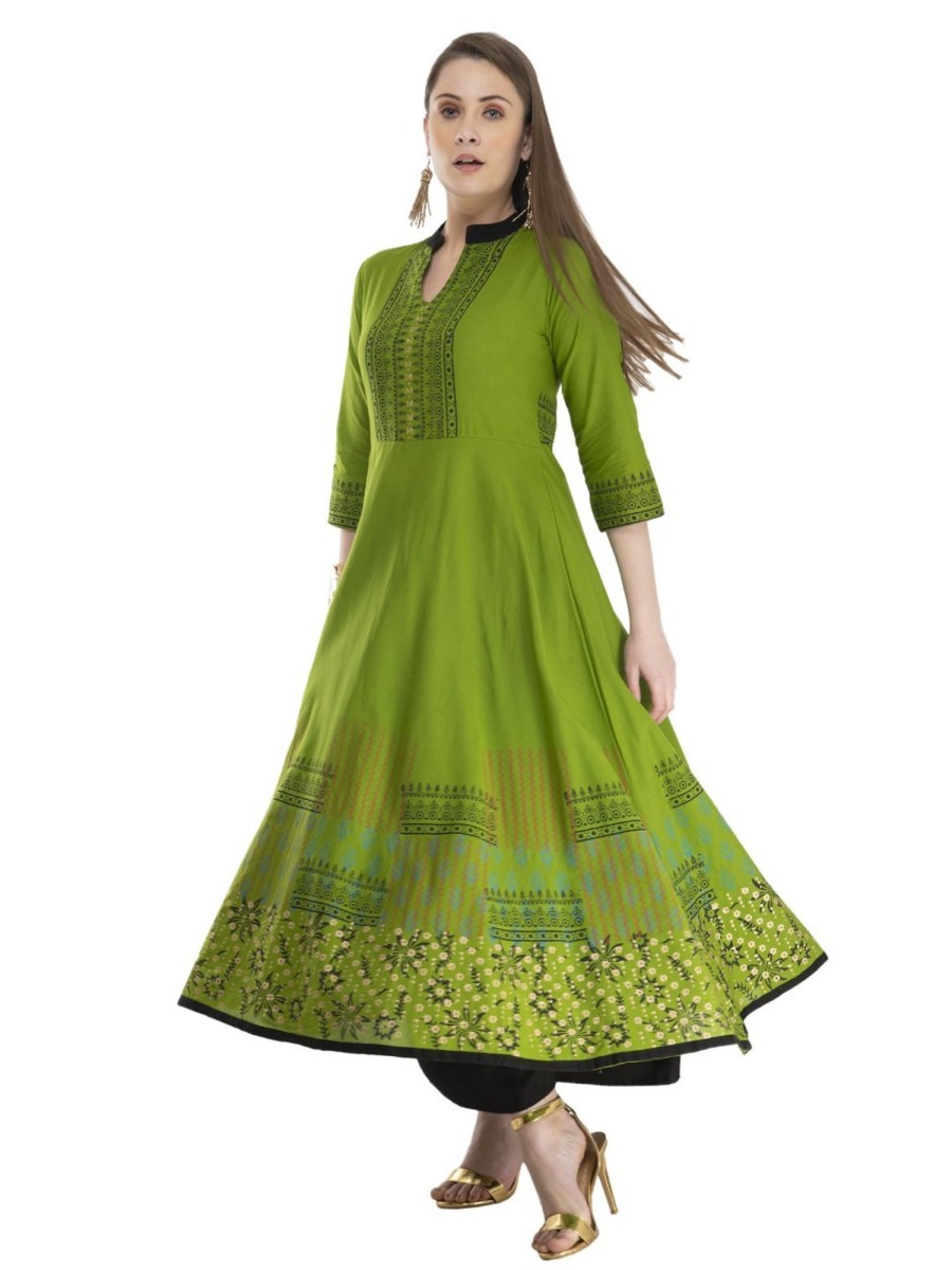 Women NOZ2TOZ | Women'S Minimal Olive Green Cotton Anarkali With Ajrakh Hand Block Golden Foil Print - Noz2Toz