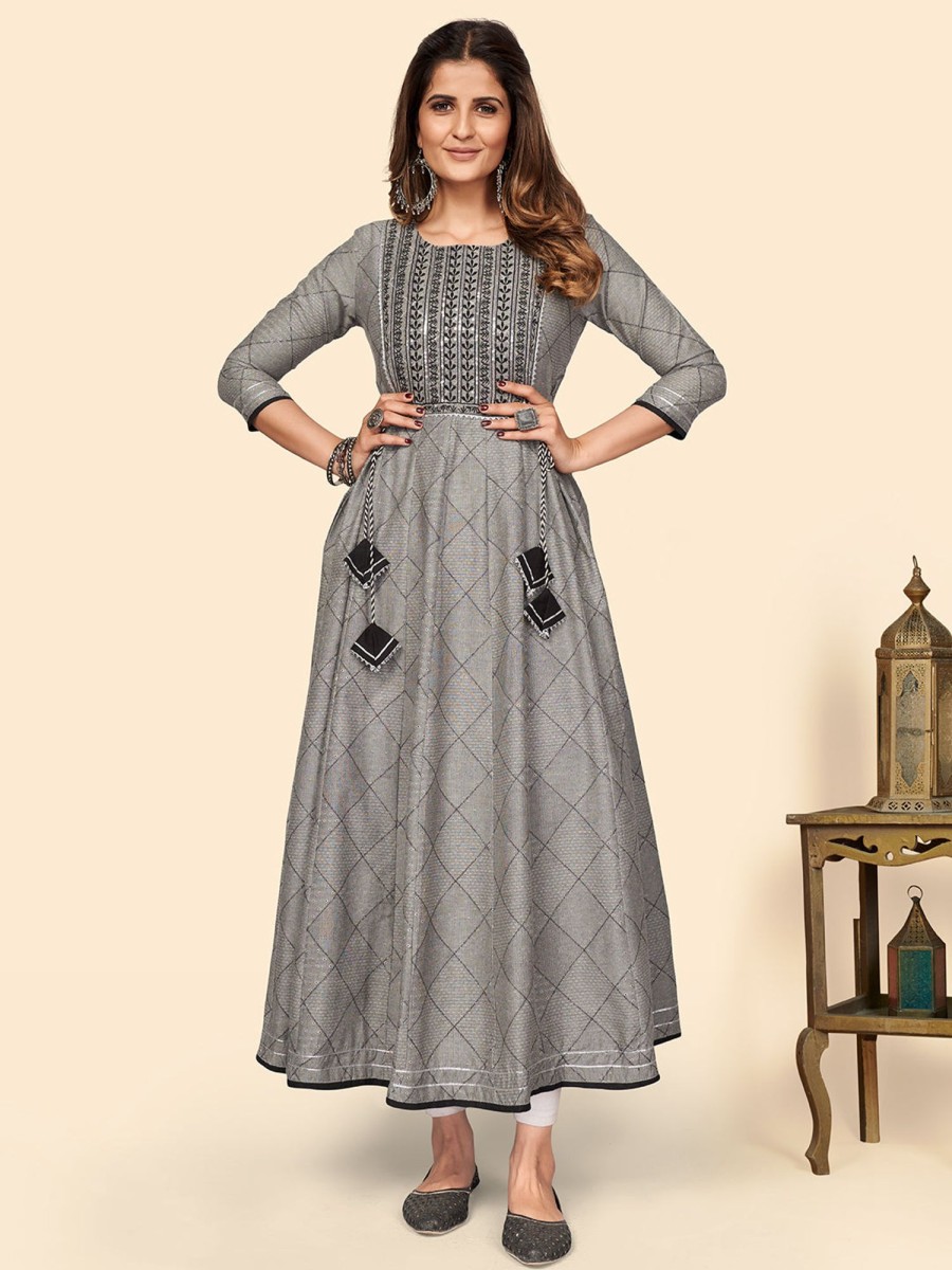 Women Vbuyz | Women'S Embroidered Anarkali Cotton Bland Stitched Kurta - Vbuyz Grey