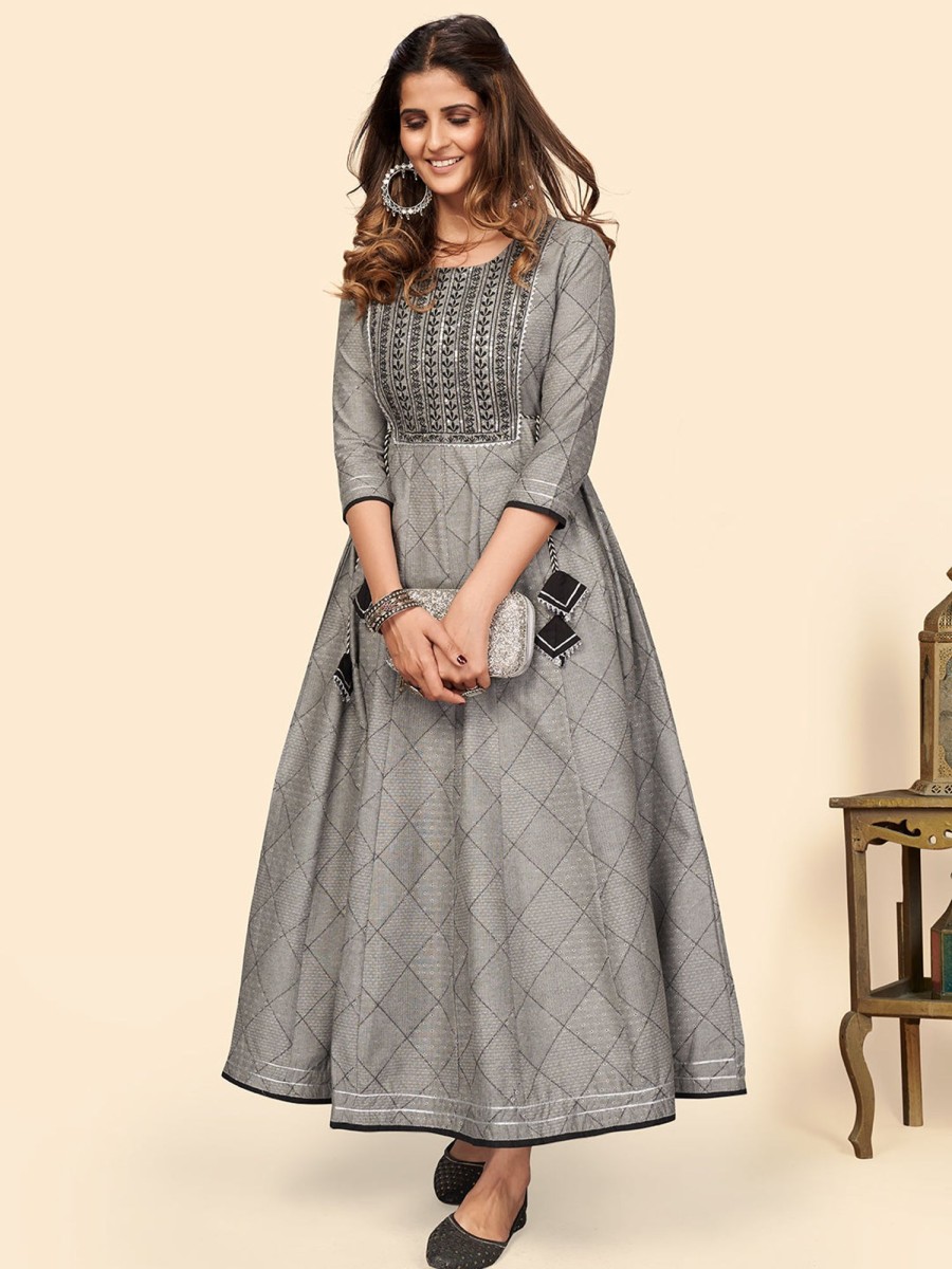 Women Vbuyz | Women'S Embroidered Anarkali Cotton Bland Stitched Kurta - Vbuyz Grey