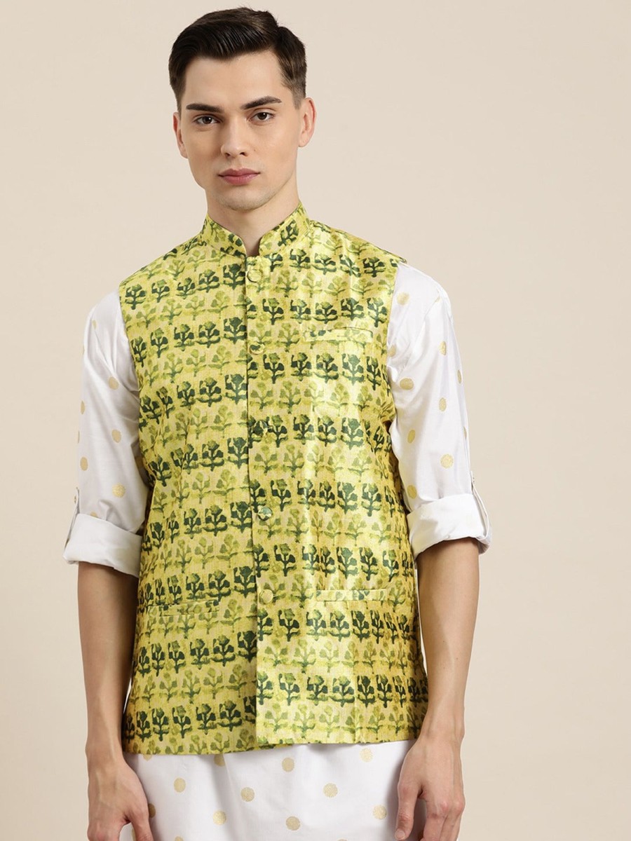 Men Sojanya | Men'S Silk Blend Lime Printed Only Nehrujacket - Sojanya Green