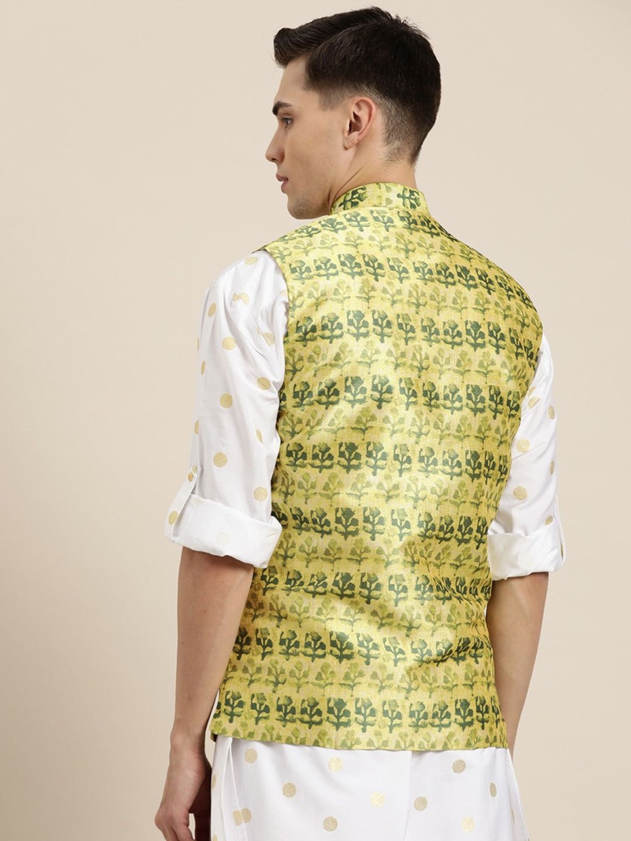 Men Sojanya | Men'S Silk Blend Lime Printed Only Nehrujacket - Sojanya Green