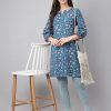 Women Janasya | Women'S Floral Print Cotton Tunics - Janasya Blue