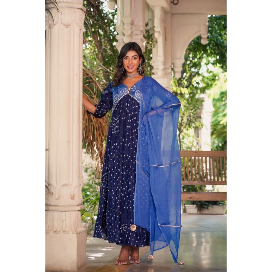 Women Rangpur | Women'S Bandhani Anarkali Kurta With Dupatta - Rangpur Blue