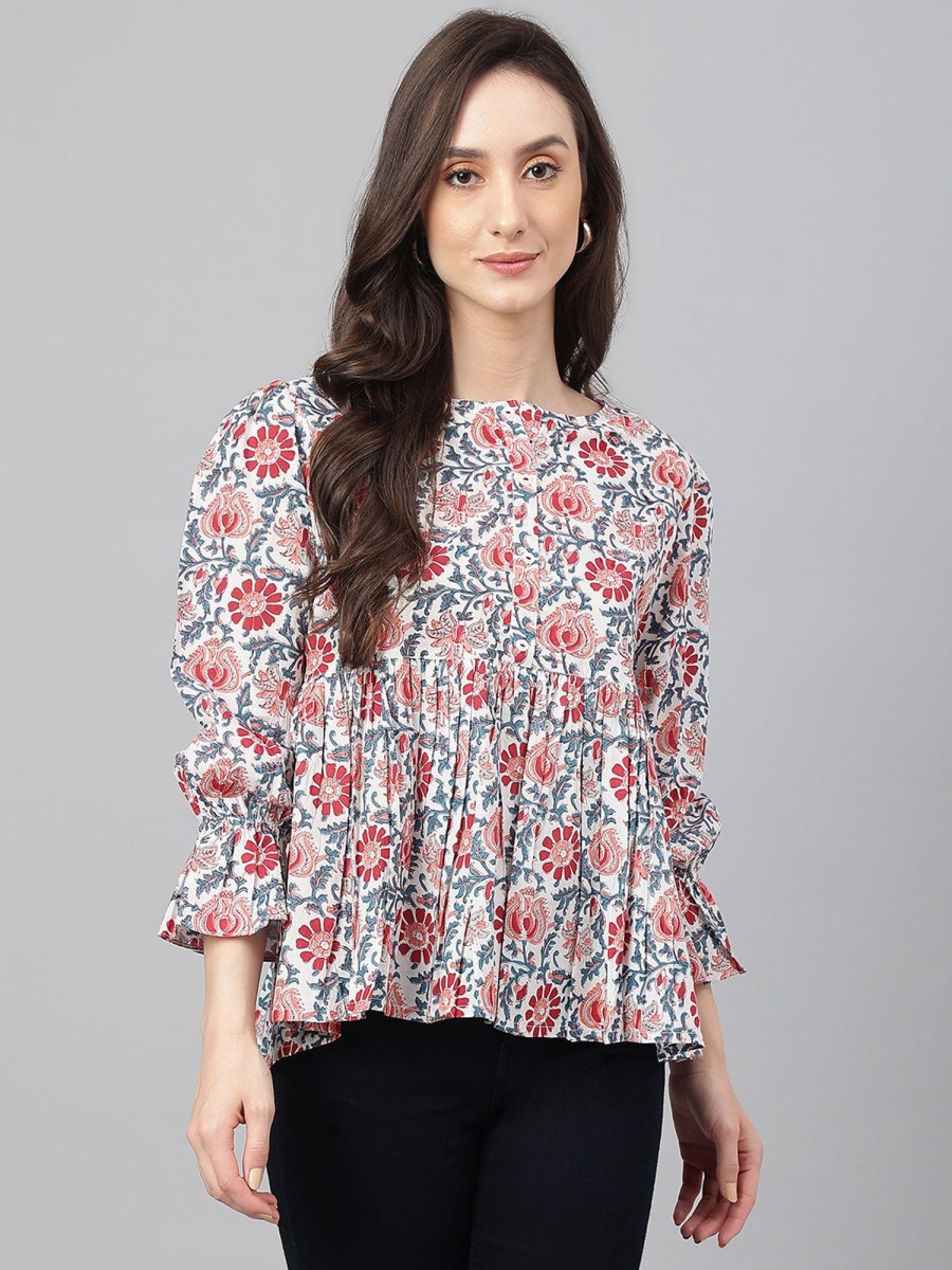 Women Janasya | Women'S Floral Print Cotton Tops - Janasya White