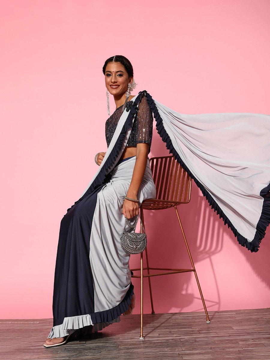 Women Dwija Fashion | Women'S And Grey Colour Ready-Made Saree Collection - Dwija Fashion Black