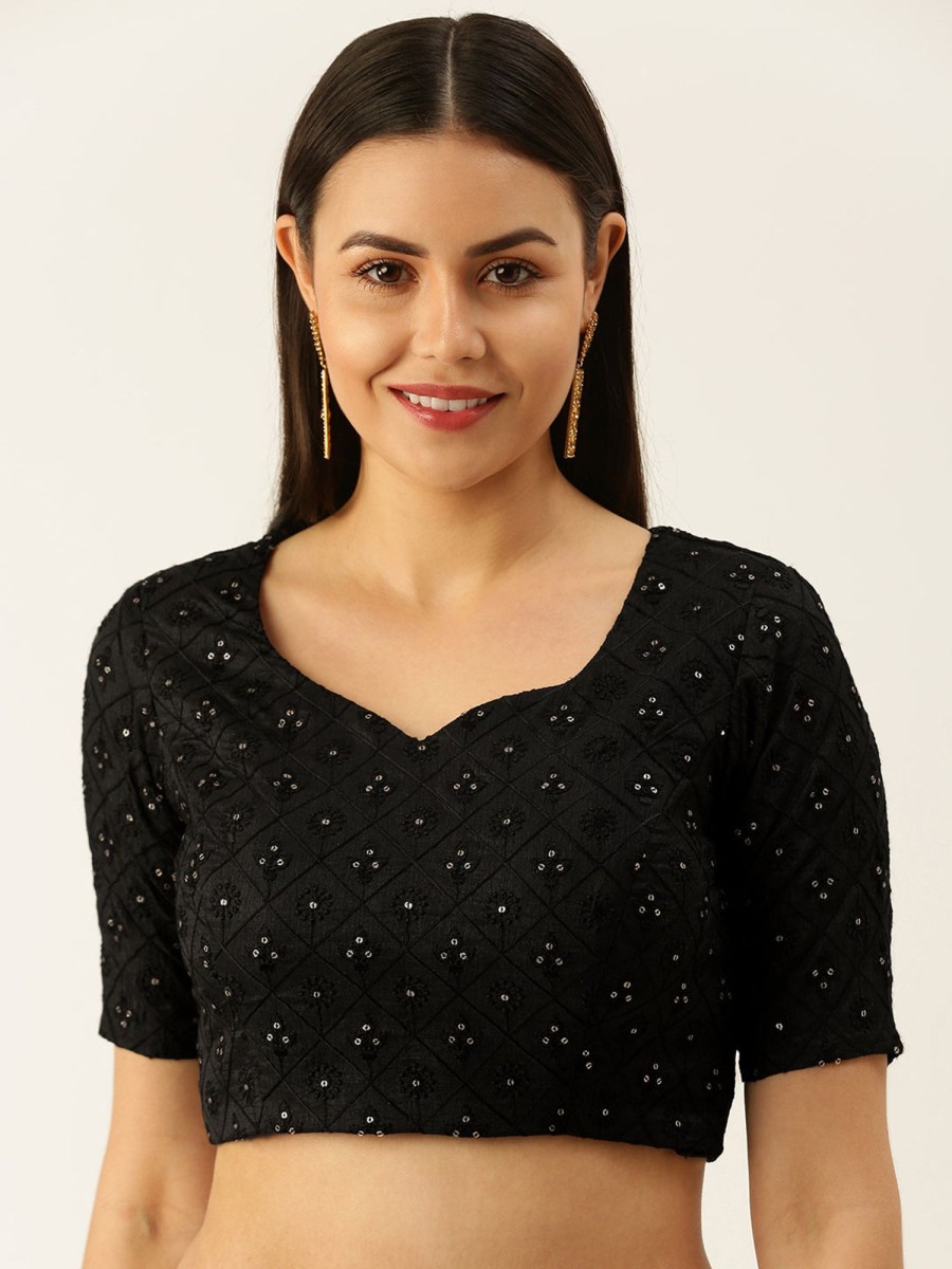 Women Royal Dwells | Women'S Black Thread Work Georgette Blouse - Royal Dwells